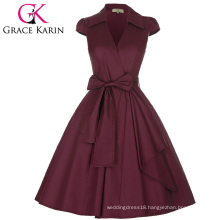 Grace Karin Cap Sleeve Lapel Collar V-Neck High-Stretchy Wine Red Retro Vintage 50s Style Dress CL008953-3